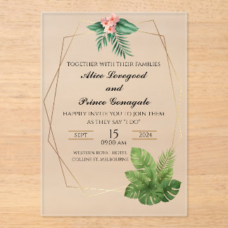 Tropische Acryl Trouwuitnodiging Gouden Frame Uitnodigingen