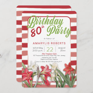 Tropische amaryllis Striped 80th Birthday Party Kaart