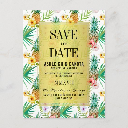 Tropische anananas en hibiscus bewaar de datum uitnodiging briefkaart (Voorkant)