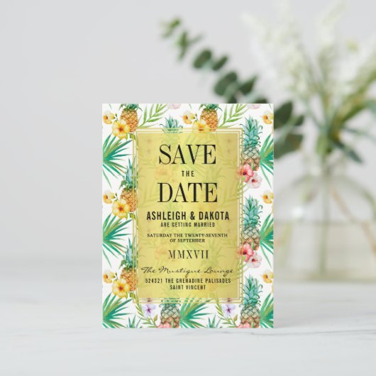 Tropische anananas en hibiscus bewaar de datum uitnodiging briefkaart (Staand voorkant)