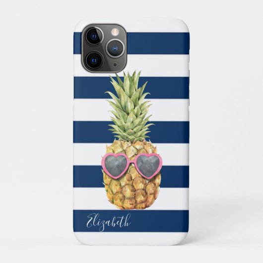 Tropische anananas, marineblauw gestreept Case-Mate iPhone case (Achterkant)