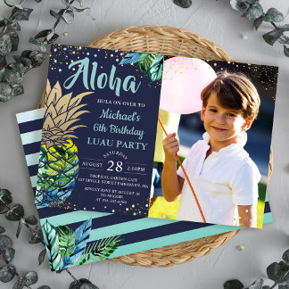 Tropische anananas Navy Blue Luau Birthday Foto Kaart