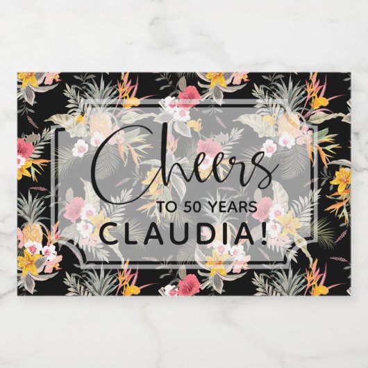 Tropische anananasbloemen op Black Mini Sparkling Wijnetiket (Enkel label)