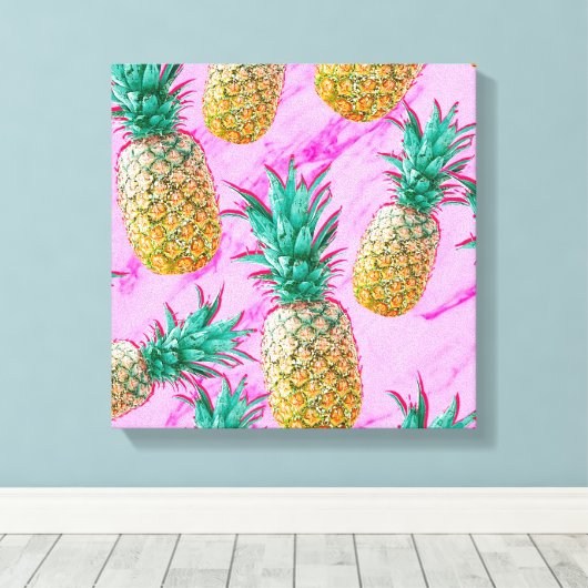 Tropische anananassen en roze marmer modern kleurr canvas afdruk (Insitu (Houten vloer))