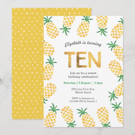 Tropische ananas 10e verjaardag uitnodiging (Voorkant / Achterkant)