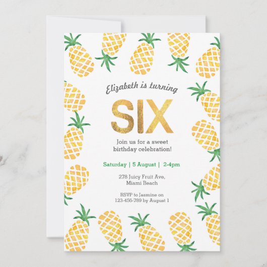 Tropische ananas 6e verjaardag uitnodiging (Voorkant)
