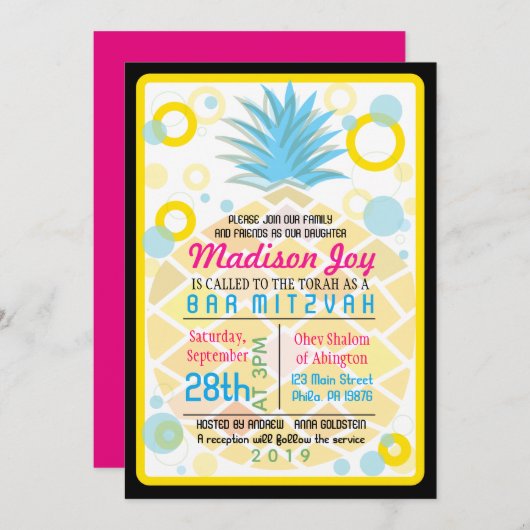 TROPISCHE ANANAS Bat Mitzvah Uitnodiging (Voorkant / Achterkant)
