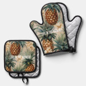 Tropische Ananas Bloem Ovenwant & Pannenlap Set (Voorkant / Achterkant)