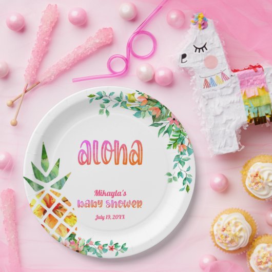 Tropische Ananas Bloemen Aloha Baby shower Papieren Bordje (Feest)