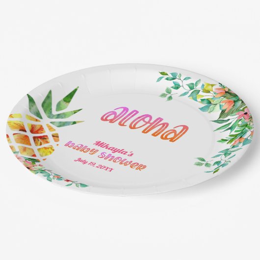 Tropische Ananas Bloemen Aloha Baby shower Papieren Bordje (Gekanteld)