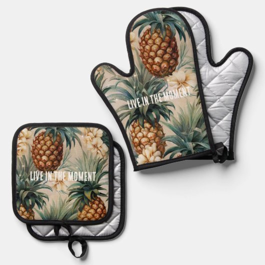Tropische Ananas Bloemen Ovenwant & Pannenlap Set (Voorkant / Achterkant)