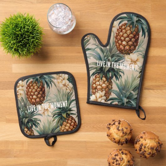 Tropische Ananas Bloemen Ovenwant & Pannenlap Set (Top down)