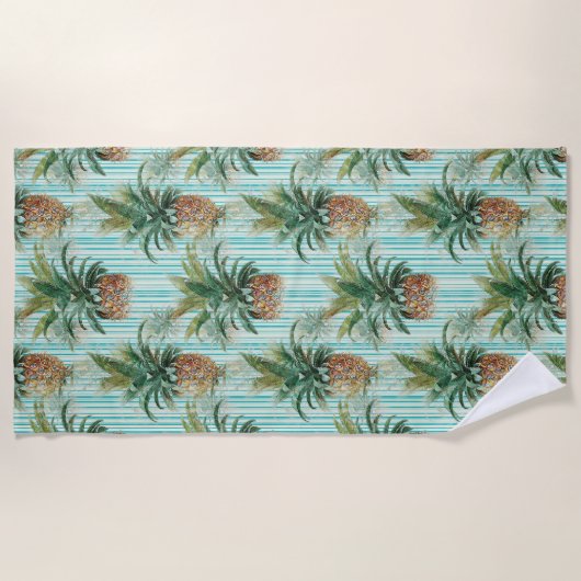 Tropische ananas met Aqua Stripes Strandlaken (Voorkant)