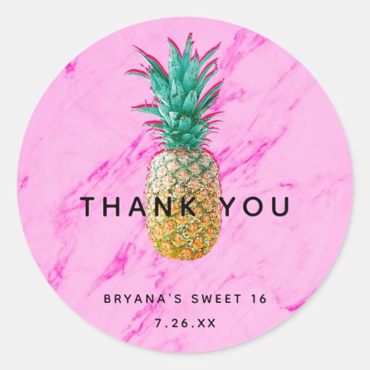 Tropische Ananas & Roze Marmer Chique Party Favor Ronde Sticker (Voorkant)