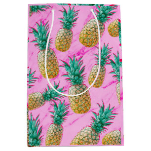 Tropische Ananas & Roze Marmer Modern Kleurrijk Medium Cadeauzakje