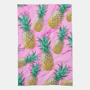 Tropische Ananas & Roze Marmer Modern Kleurrijk Theedoek