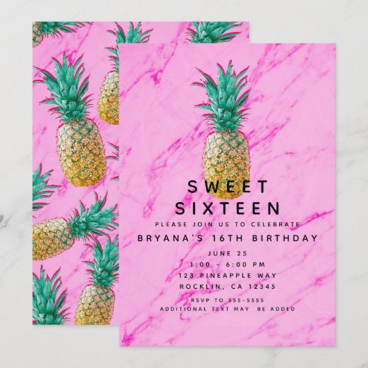 Tropische Ananas & Roze Marmer Zoete 16 Feestje Kaart (Voorkant / Achterkant)