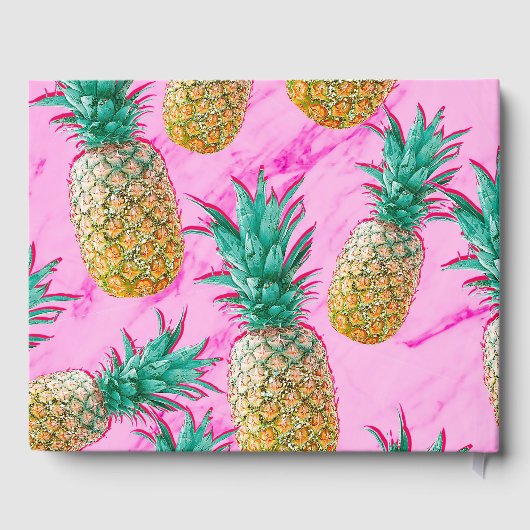 Tropische ananas & roze marmeren chique bruiloft gastenboek (Achterkant)