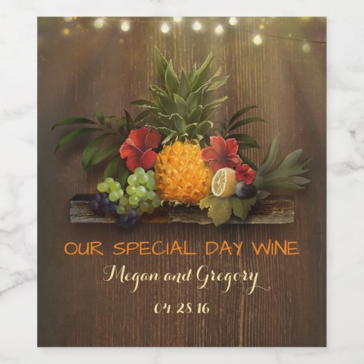 Tropische Ananas Strand String Lights Bruiloft Wijn Etiket (Enkel label)