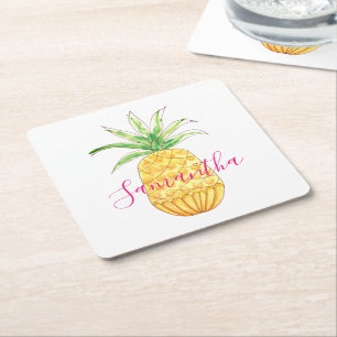 Tropische ananas Waterverf Naam Monogram Vierkante Kartonnen Onderzetter