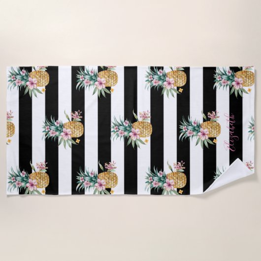 Tropische ananas, zwarte witte strepen strandlaken (Voorkant)