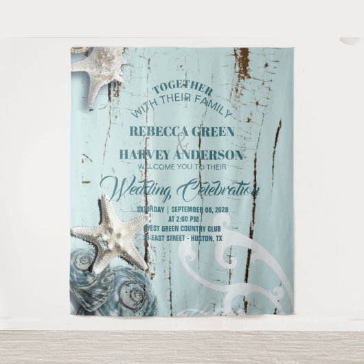 Tropische aqua blauwe zeeschelp strand bruiloft ac wandkleed (Voorkant)