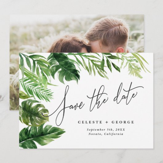 Tropische aquarel blad florale foto save the date (Voorkant / Achterkant)