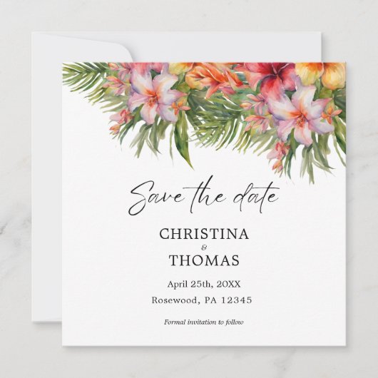 Tropische Aquarel Bloemige Bewaar de Datum Save The Date (Voorkant)