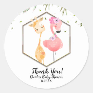 Tropische Aquarel Flamingo & Giraffe Babyfeestje Ronde Sticker