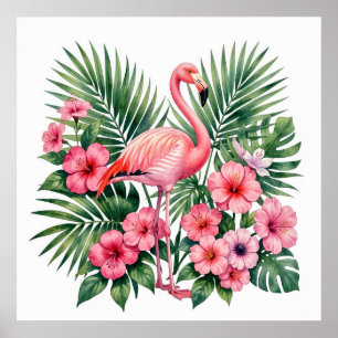 Tropische Aquarel Roze Flamingo Bloemendecor Hawaï Poster