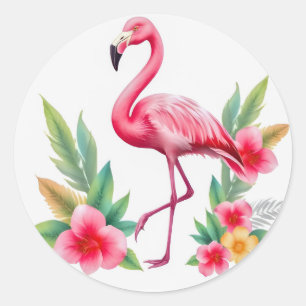 Tropische Aquarel Roze Flamingo Bloemendecor Hawaï Ronde Sticker