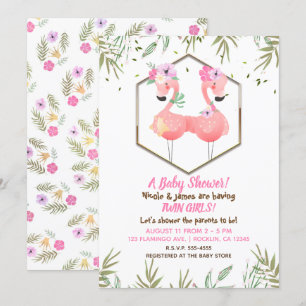 Tropische Aquarel Twee Roze Flamingo's Babyfeestje Kaart