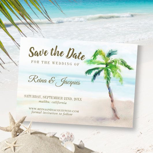 Tropische balkstructuur met datumbruiloft opslaan save the date
