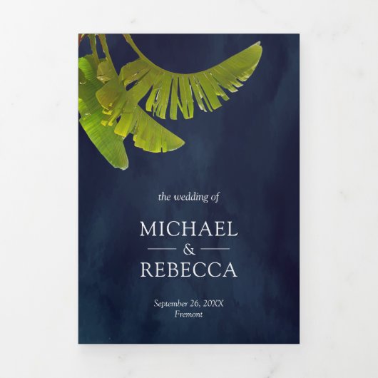 Tropische Bananenbladeren 3 in 1 Navyblauw Bruilof Drieluik Uitnodiging (Cover)