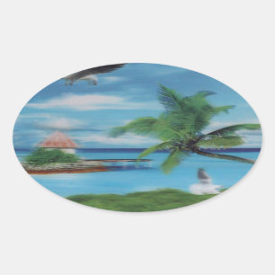 Tropische Beach Scene Art Print Ovale Sticker
