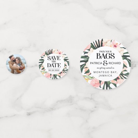 Tropische bestemmingsweddenschap bespaart de datum confetti (Voorkanten)