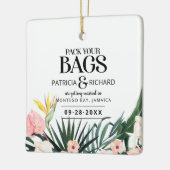 Tropische bestemmingsweddenschap bespaart de datum keramisch ornament (Links)