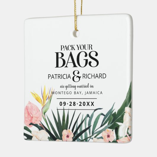 Tropische bestemmingsweddenschap bespaart de datum keramisch ornament (Links)