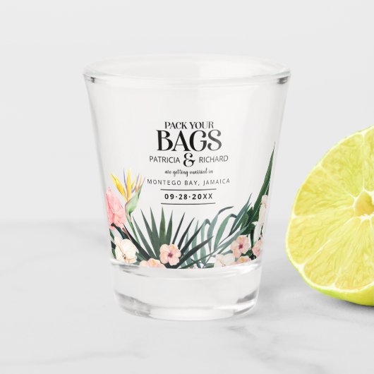 Tropische bestemmingsweddenschap bespaart de datum shot glas (Voorkant)