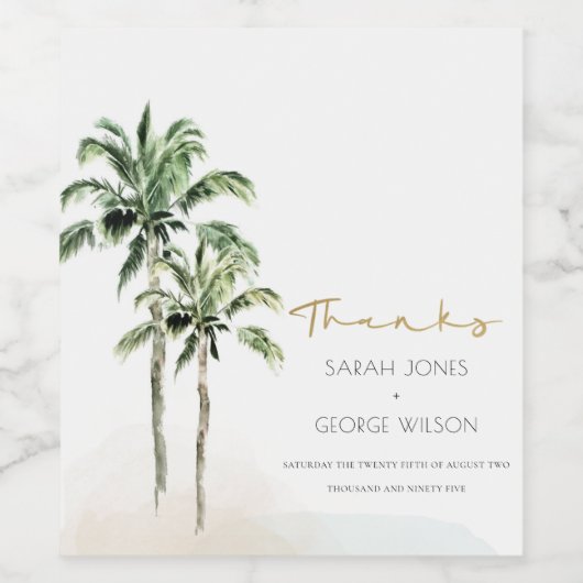 Tropische beukenpalm Waterverf Bedankt bruiloft Wijn Etiket (Enkel label)