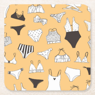 Tropische bikini: handgetekend zomerpatroon vierkante kartonnen onderzetter
