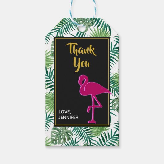 Tropische blaaspatronen en roze Bedankt met vlamJa Cadeaulabel (Voorkant)