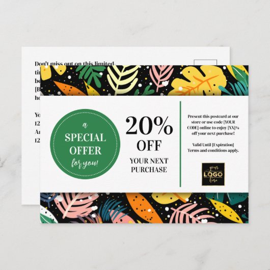 Tropische Bladeren Abstract Coupon Korting Briefkaart (Voorkant / Achterkant)