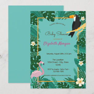 Tropische Bladeren, Bloemen, Flamingo Baby Shower Kaart