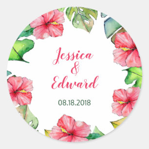 Tropische bladeren bloemenbruiloft Waterverf Ronde Sticker