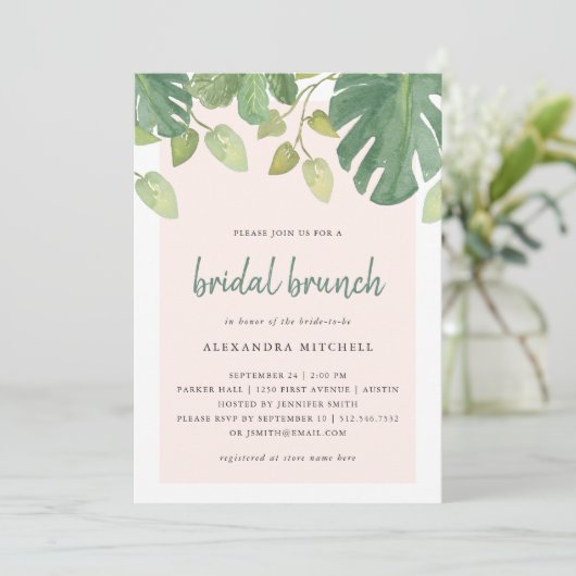 tropische bladeren | Blush en groene bruids brunch Kaart (Staand voorkant)