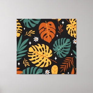 Tropische bladeren: donker naadloos. canvas afdruk