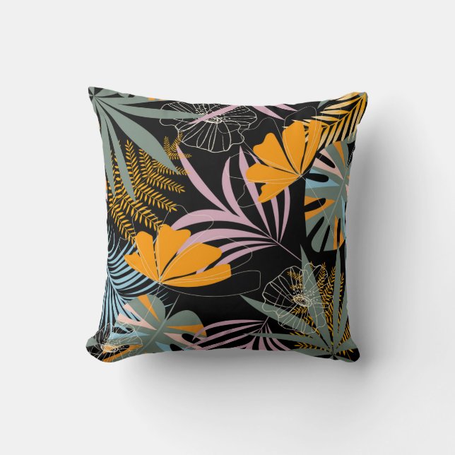 Tropische bladeren: donkere  print. kussen (Voorkant)