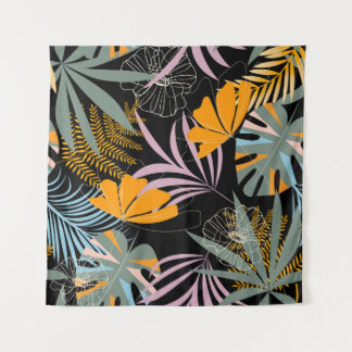 Tropische bladeren: donkere print. wandkleed