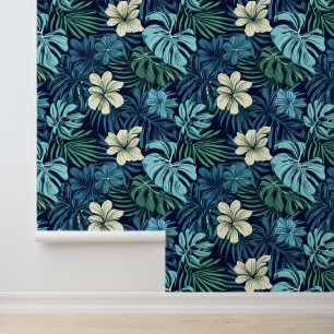 Tropische bladeren en bloemen blauw groen behang